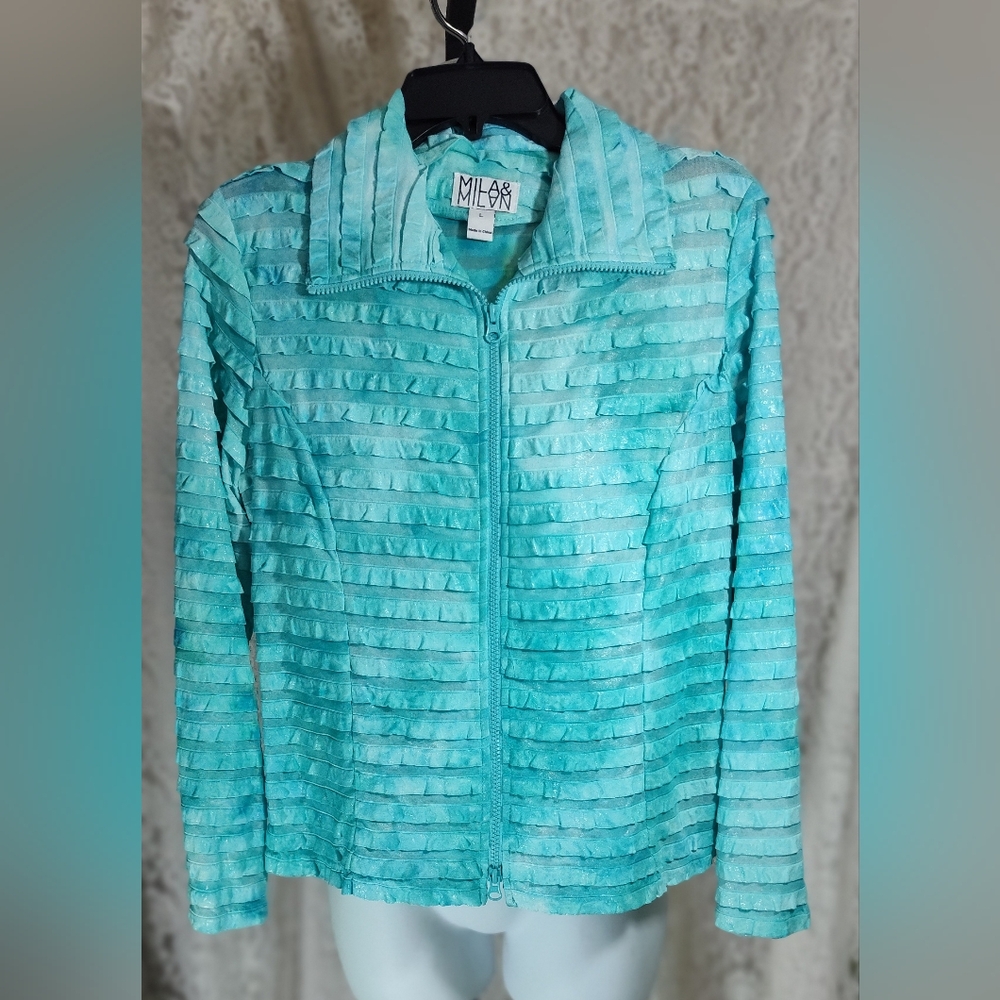 Mila & Milan Turquoise Blue Ruffle Zip Front Top Lightweight Spring NWOT